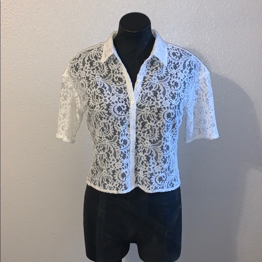 Express Lace Button Down Short Sleeve Shirt